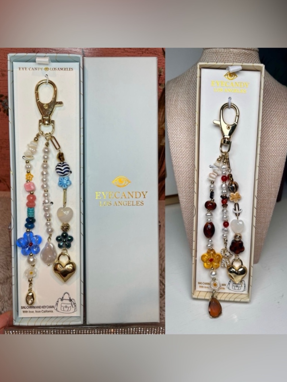 Eye Candy Los Angeles Beaded Heart & Flower Bag Charm Keychain - pick 1!